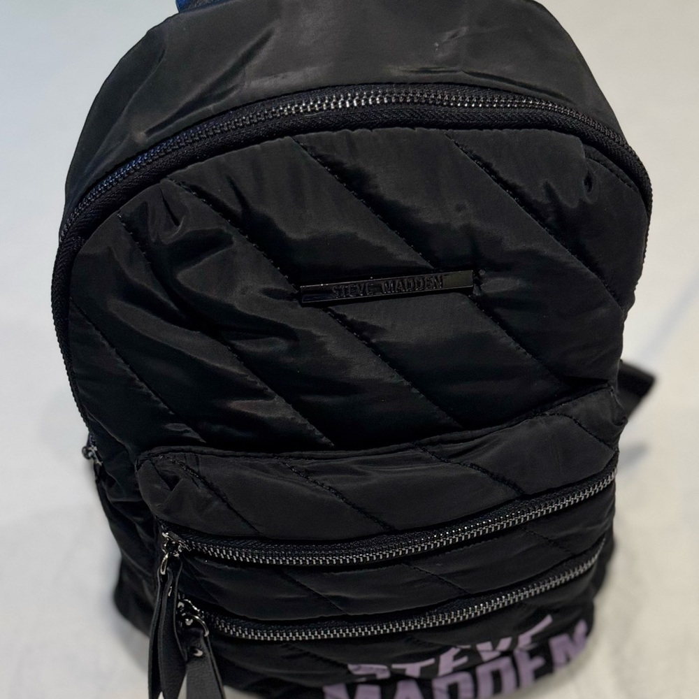 Steve Madden Quilted Mini Backpack Black Lavender Logo Small Travel School Bag